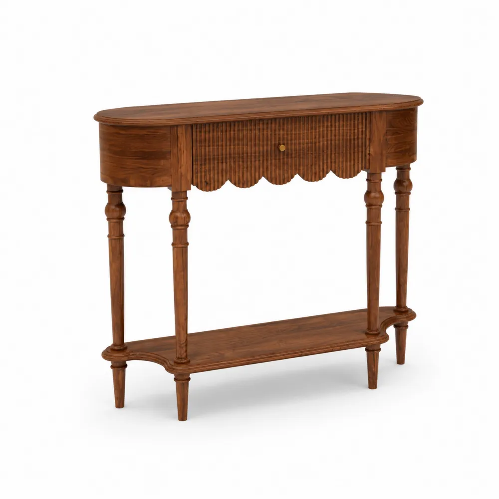 Mesa consola de madera de nogal con estante