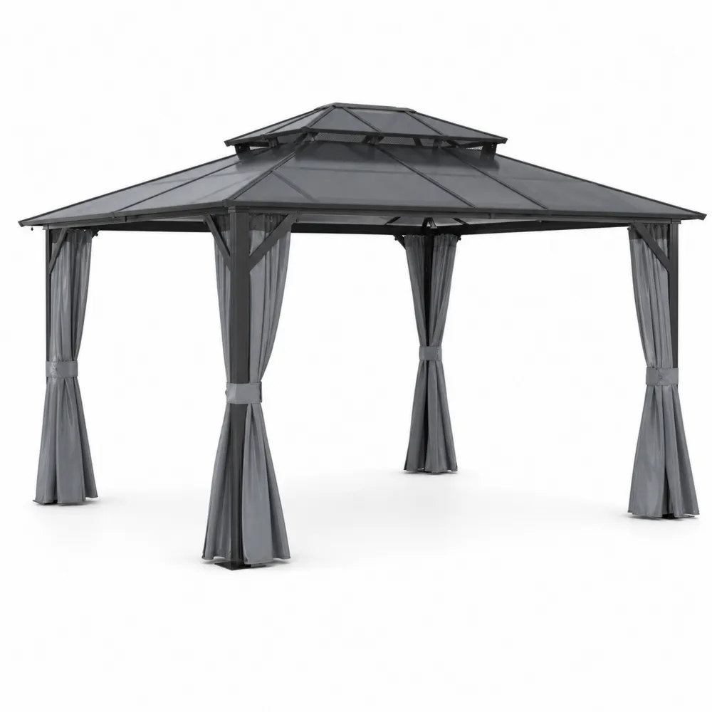 Pérgola de Aluminio con Techo de Policarbonato y Cortinas Gris