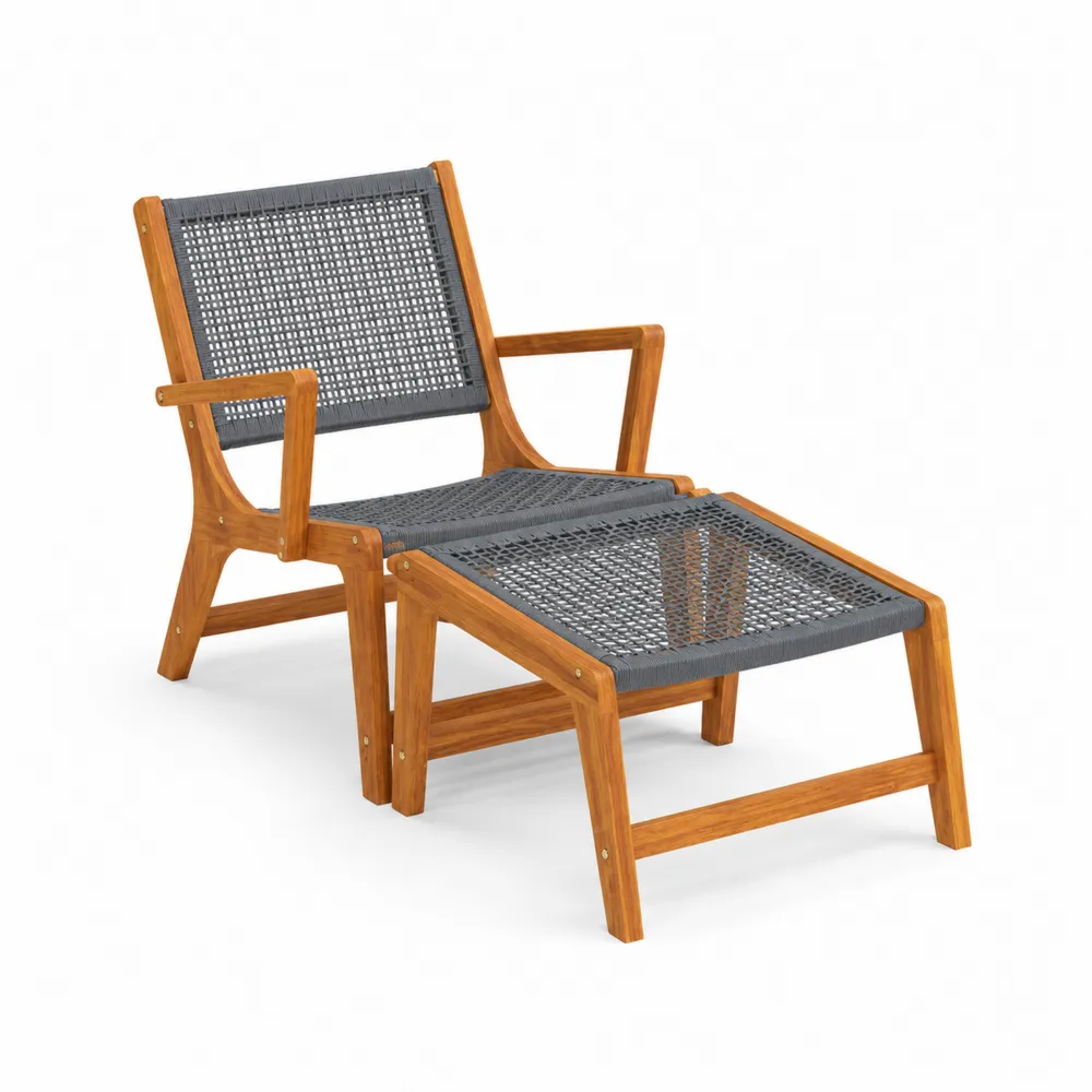 Sillón de Madera de Acacia y Tejido Sintético con Reposapiés