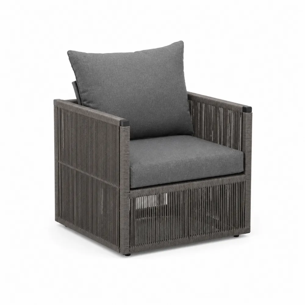 Sillón de aluminio y cuerda gris con cojines de poliéster