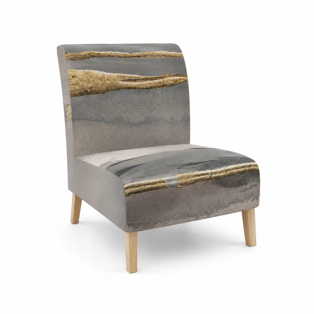Silla de tela poliéster gris y dorado con patas de madera