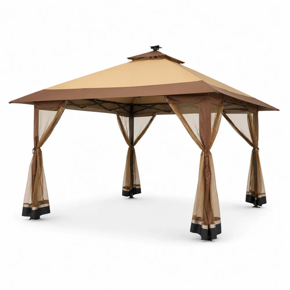 Pérgola de Acero con Techo de Poliéster Beige y Mosquitera