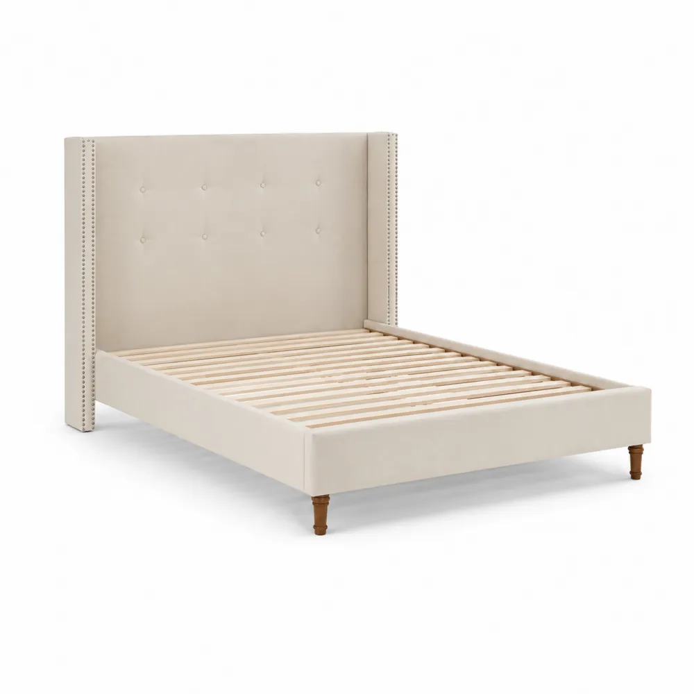 Cama de Madera y Tela Beige con Cabecera Tapizada