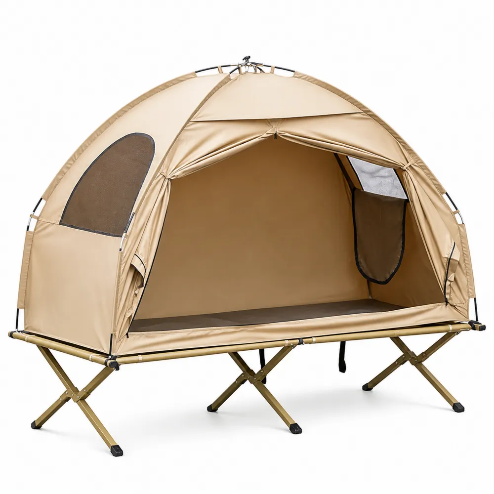 Klappbares Zeltbett aus Oxford Stoff Beige mit Aluminiumrahmen