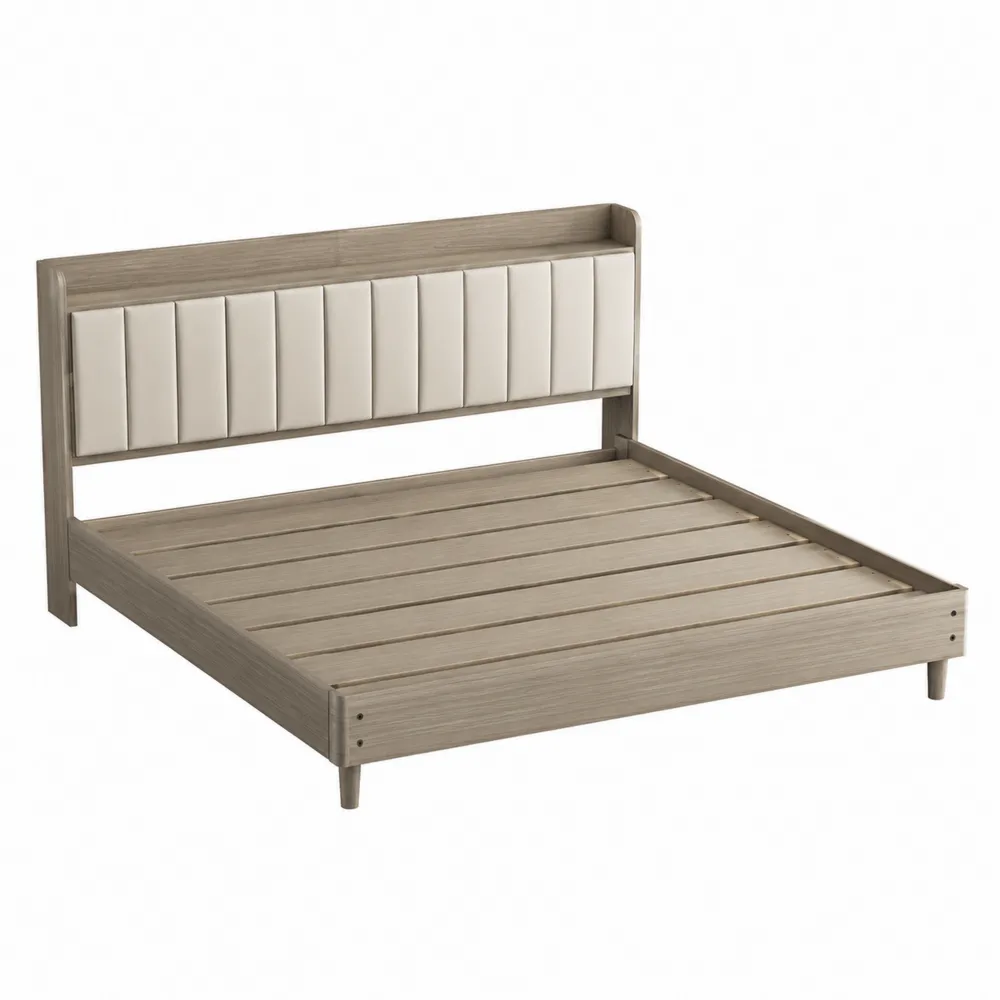 Holzbett mit Kunstleder-Kopfteil 160x200 cm Beige