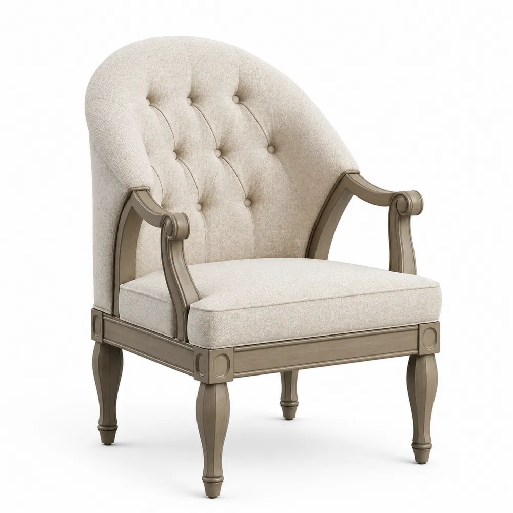 Leinenpolster Lehnenstuhl mit Holzrahmen, Beige