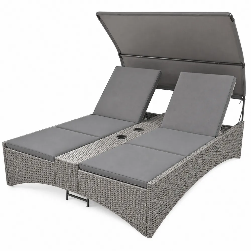 Doppel-Sonnenliege aus Polyrattan mit verstellbarem Dach und grauen Kissen