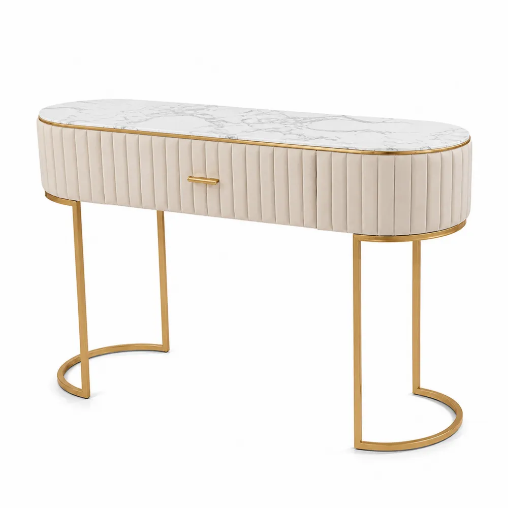 Ovaler Konsolentisch mit Marmor- und Metallstrukturen in Creme/Gold