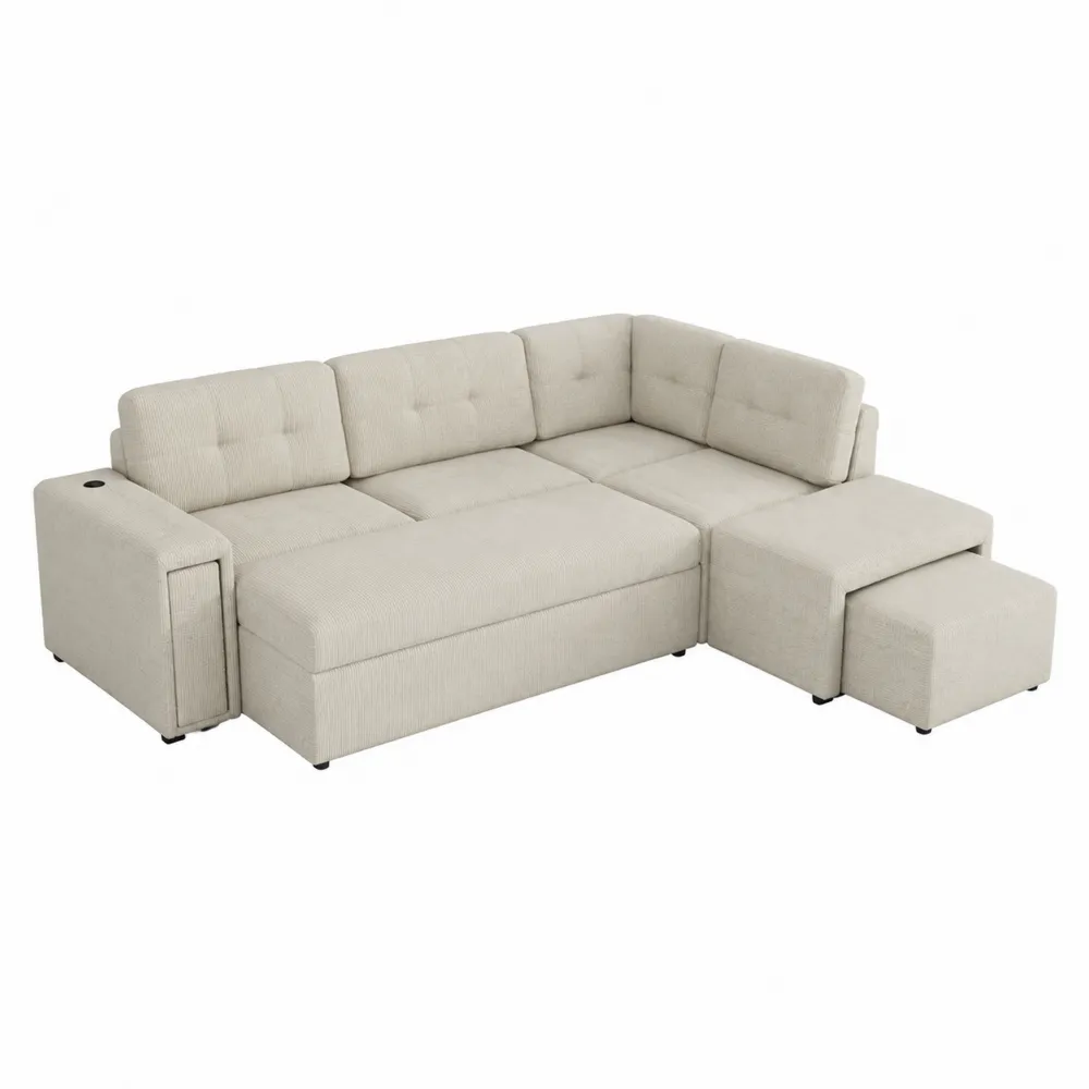 Ecksofa mit Ottomane Polyester Beige