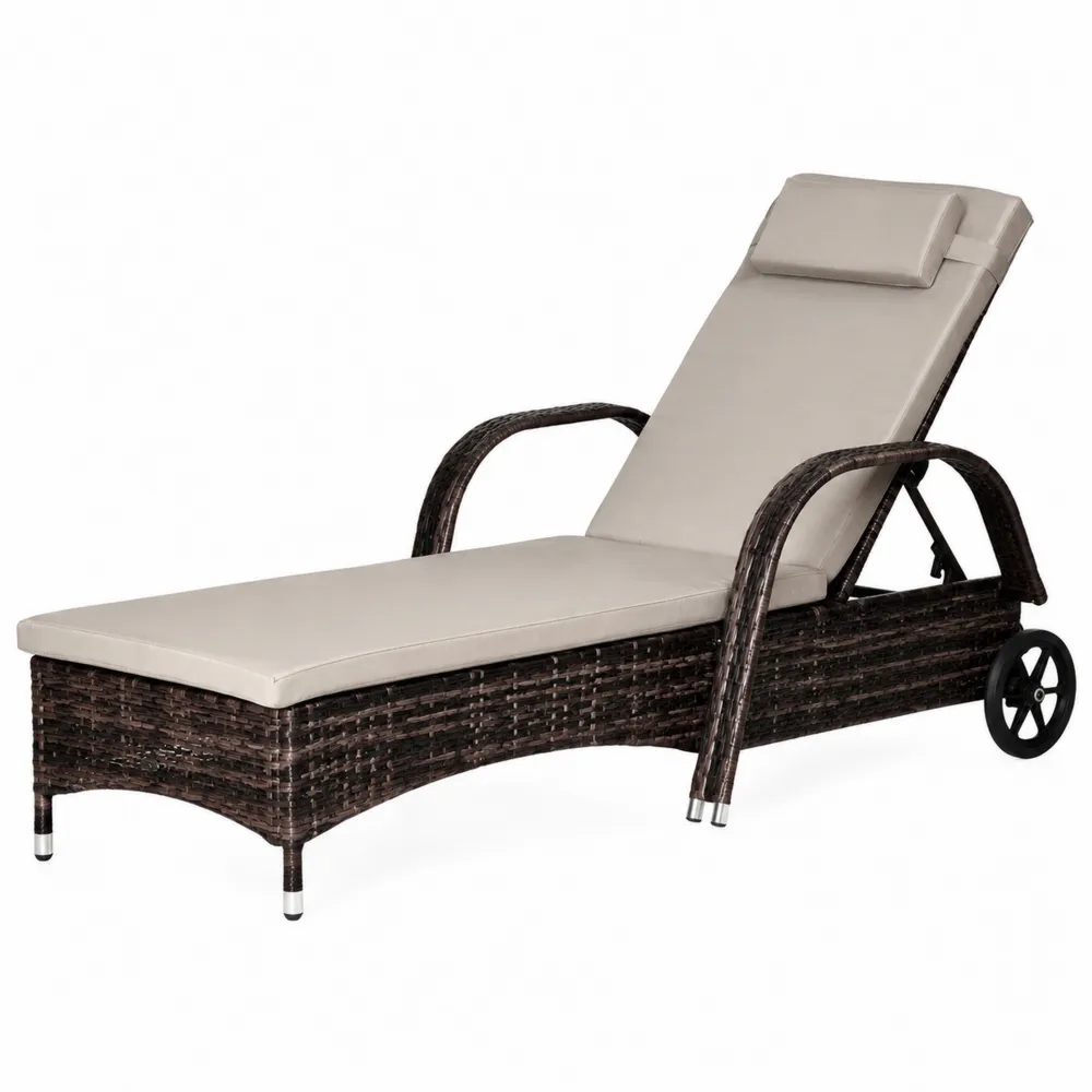 Polyrattan-Sonnenliege mit verstellbarer Rückenlehne und Kissen Cremefarben