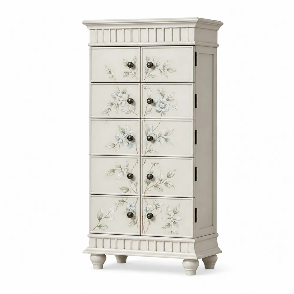 Weißer Holzschrank mit Blumenmuster und 8 Schubladen