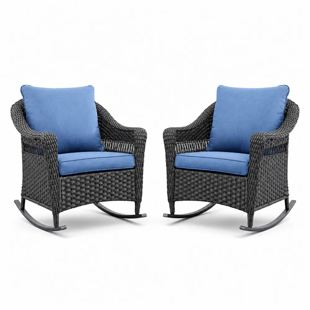 2er Set Rattan Schaukelstühle mit Blauen Kissen