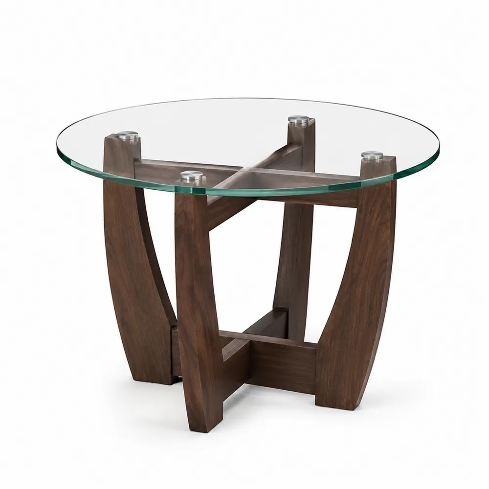 Runder Couchtisch mit Glasplatte und Massivholzgestell, 60 cm Durchmesser, Braun