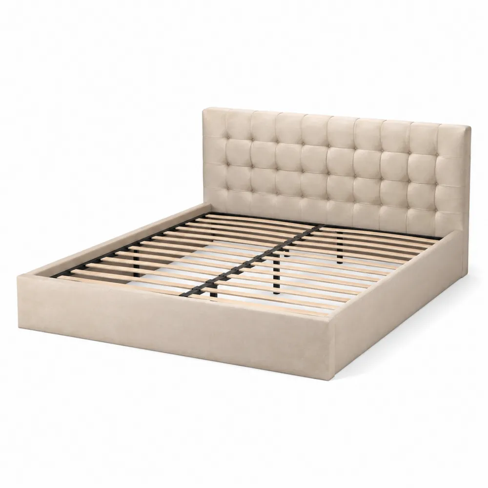 Samtbett 200x200 cm mit Holzrahmen Beige