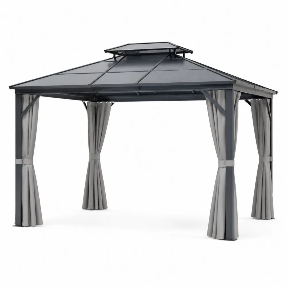 Gartenpavillon Aluminium mit Polycarbonatdach und Vorhängen Grau 3x4 m