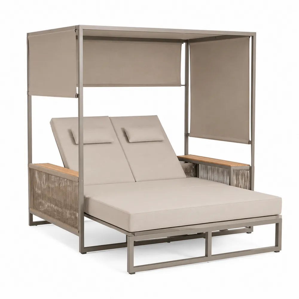 Aluminium Doppel-Sonnenliege mit verstellbarer Rückenlehne und Baldachin Beige