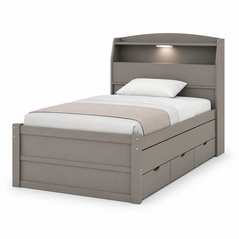 Einzelbett aus MDF mit Stauraum und Beleuchtung Grau