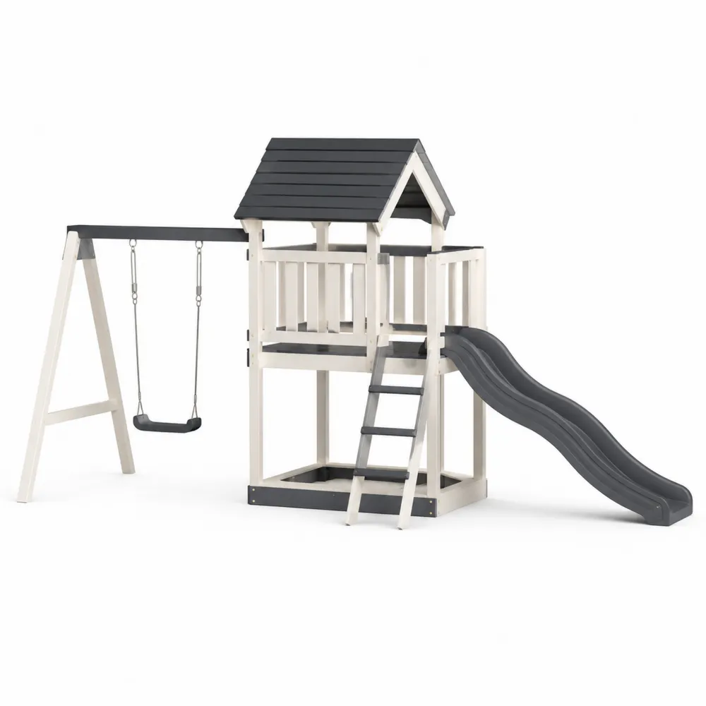 Kinderspielturm mit Rutsche und Schaukel aus Holz Weiß/Grau