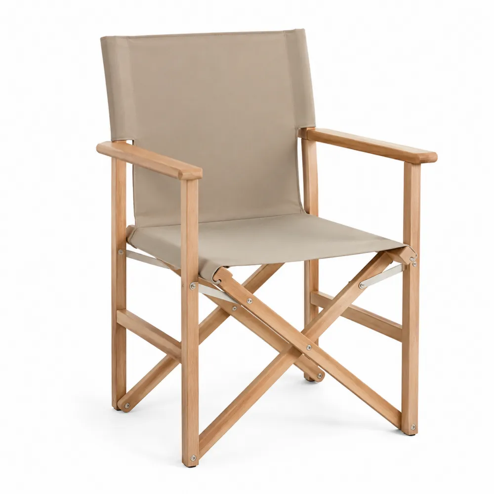 Teakholz Klappstuhl mit Polyestergewebe Sitz Beige 87 cm
