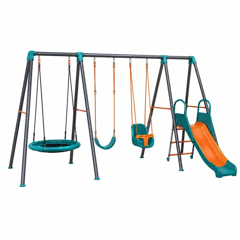 Metall-Schaukelset mit Rutsche und PE-Sitzen in Grün und Orange, 180 cm Höhe