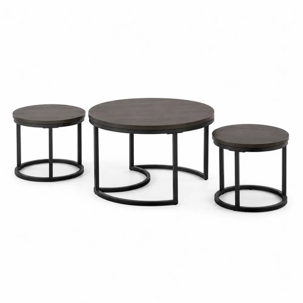 3-teiliges Satztisch Set rund mit Holz und Metallgestell