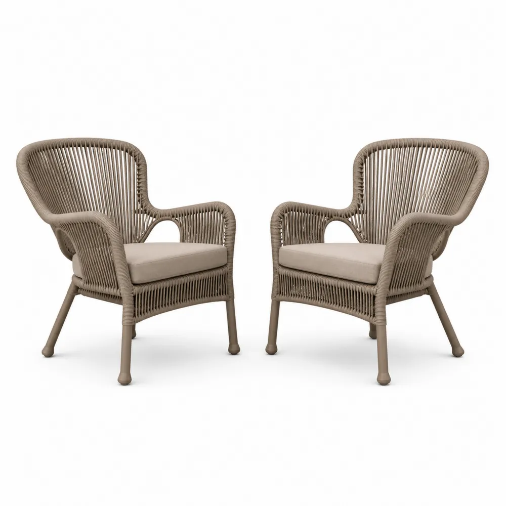 2er-Set Sessel mit Polyrattan in Beige, Stahlrahmen