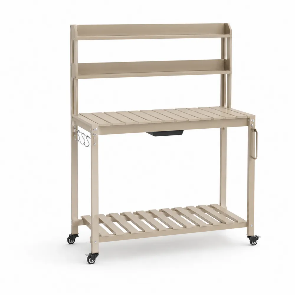 Metall Pflanztisch mit Rollen und Ablagen in Beige