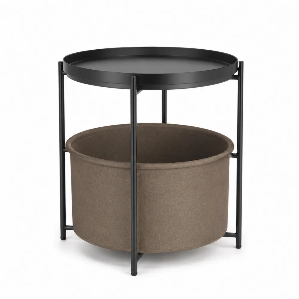 Runder Beistelltisch aus Metall mit Stoffkorb Schwarz/Braun Ø40cm