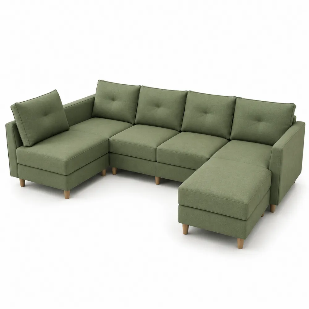Ecksofa Set Holz Stoff Grün L-Form 300x200x85 cm