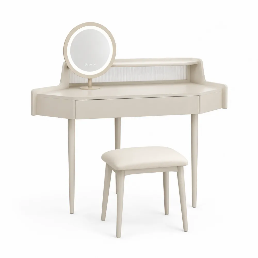 Schminktisch-Set mit Spiegel und Hocker aus Holz Beige