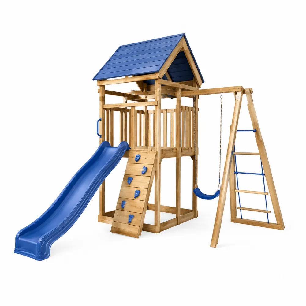 Holzspielplatz mit Schaukel, Rutsche und Kletterwand, Blau