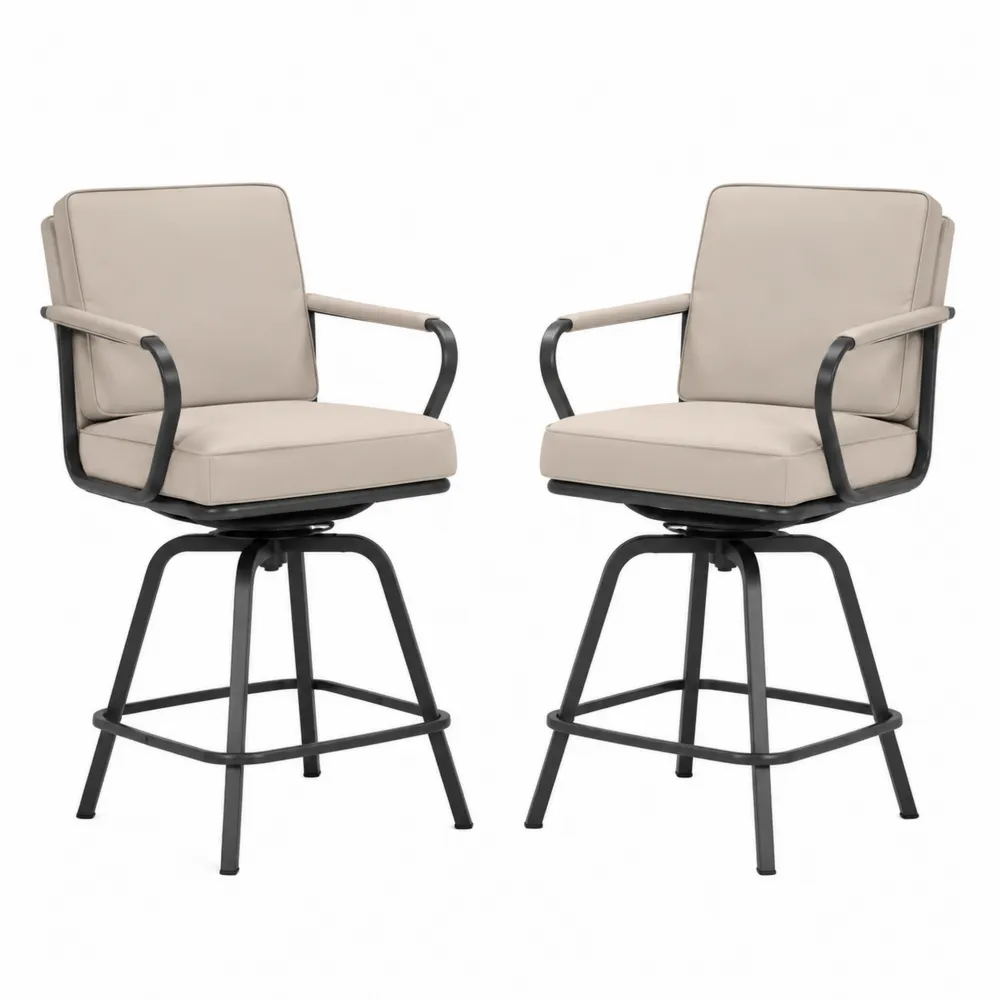 2-teiliges Stahl-Barhocker-Set mit Drehfunktion und Polyesterkissen in Beige