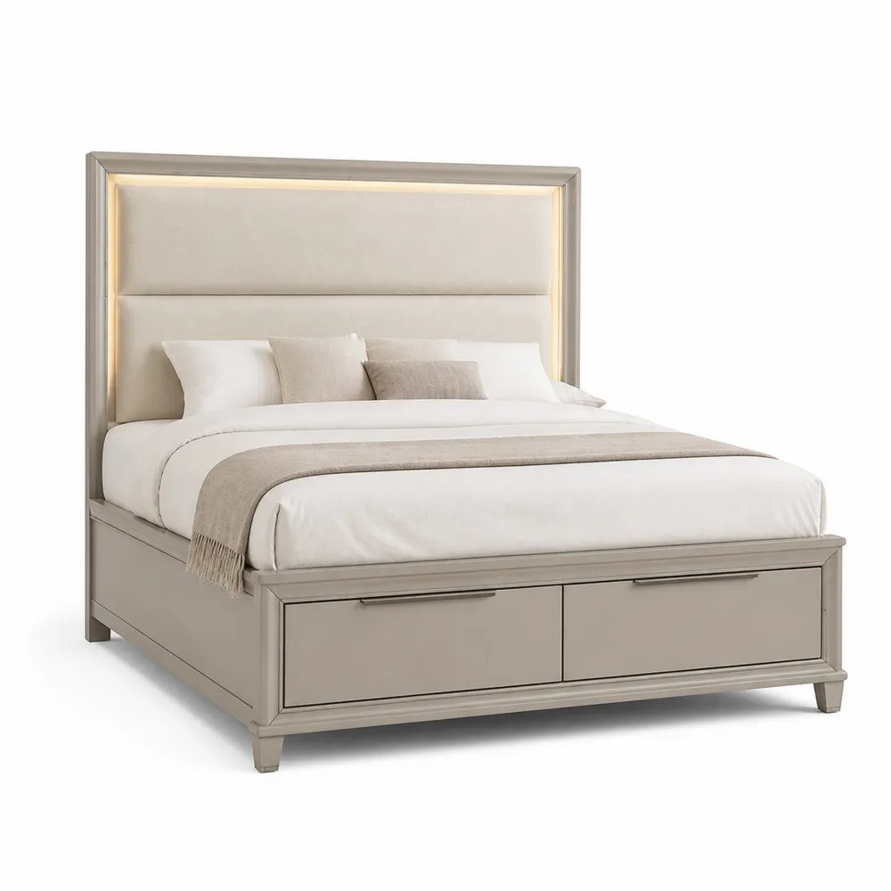 Stauraumbett mit LED-Beleuchtung und Schubladen aus MDF Beige 200cm x 160cm