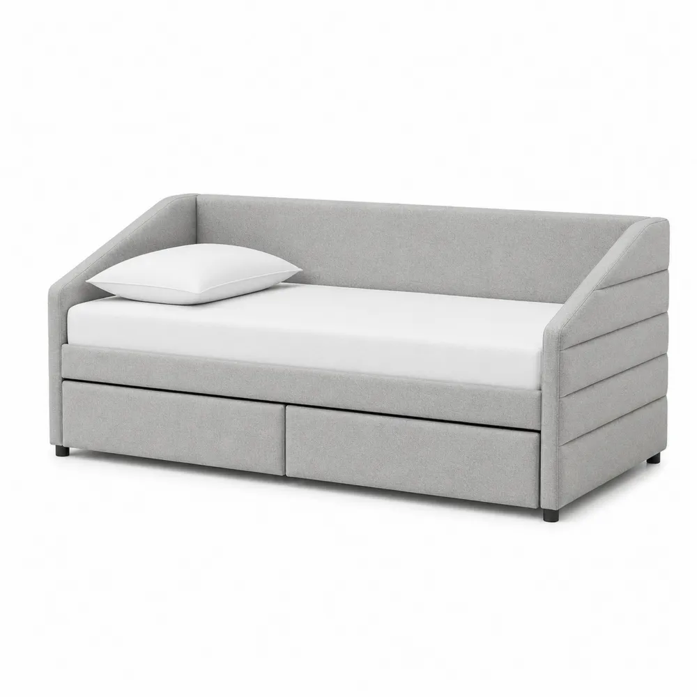 Schlafsofa Holz Stoff Grau mit Kissen und Schubladen 200x90 cm