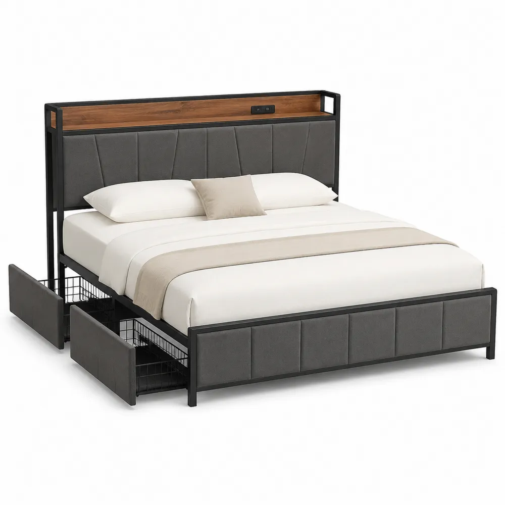 Metallbett mit Kunstleder und Stauraum 200x180 cm Grau