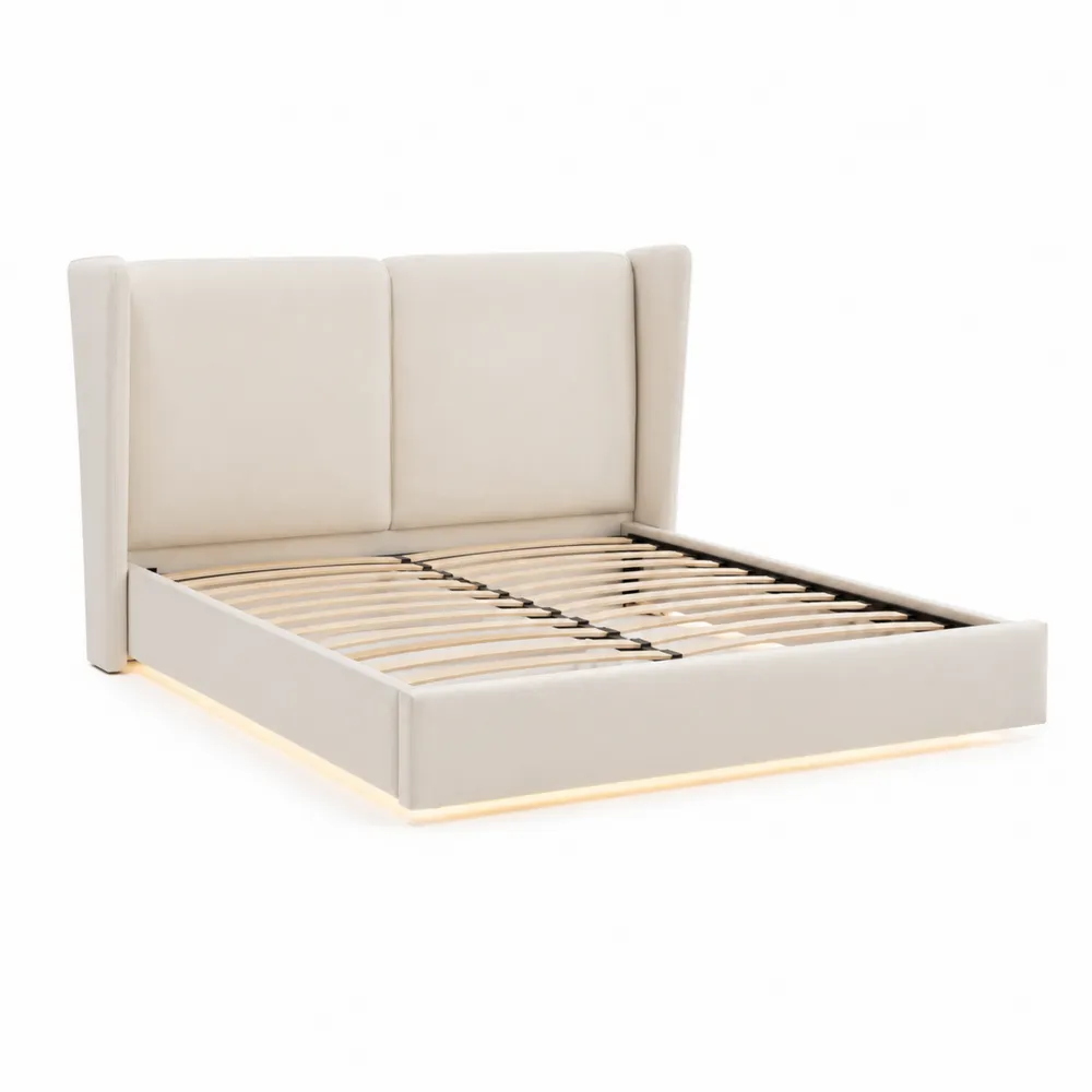 Letto matrimoniale con testiera imbottita in poliestere e struttura in legno 160x200 cm Beige
