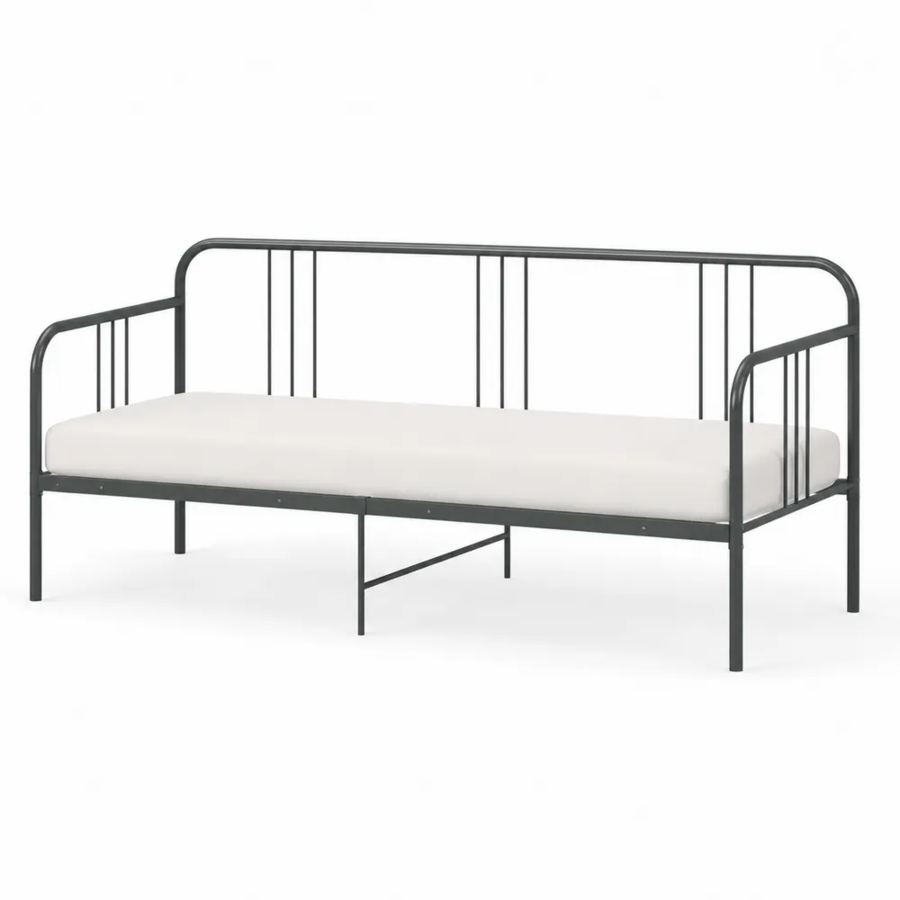 Divano letto in metallo nero con materasso bianco