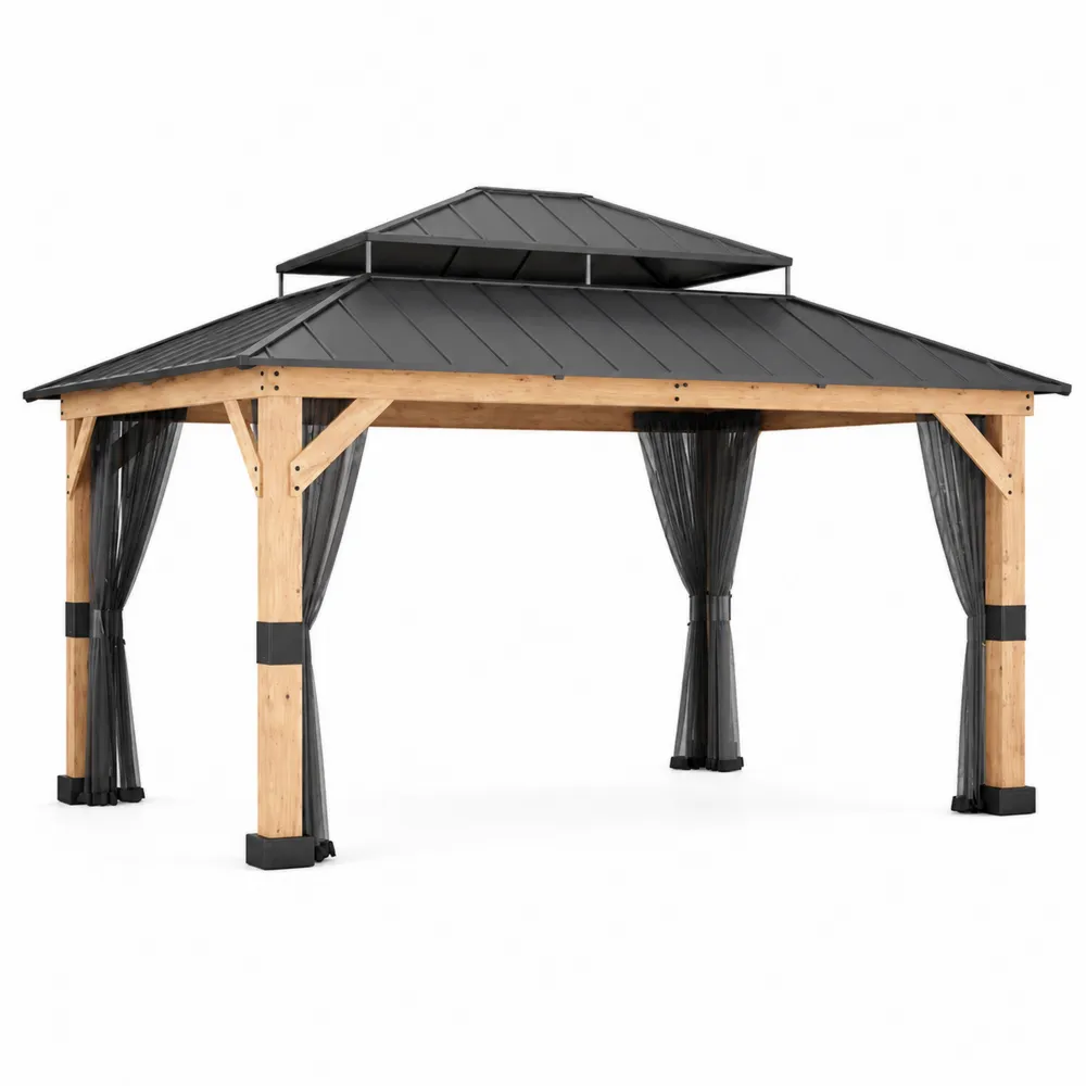 Gazebo in Legno con Tetto in Acciaio Nero 400x300 cm