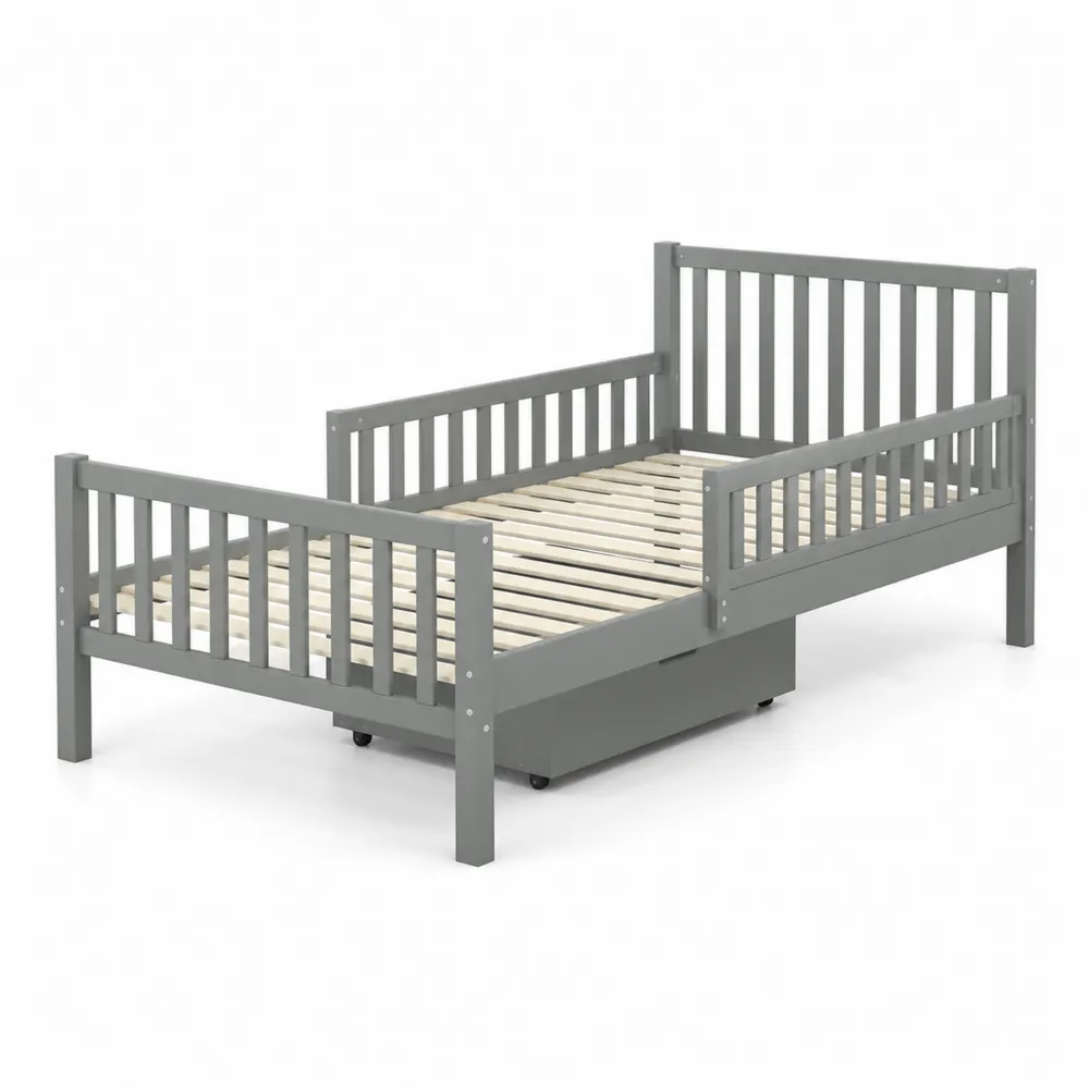 Letto singolo in legno grigio con doghe e contenitore