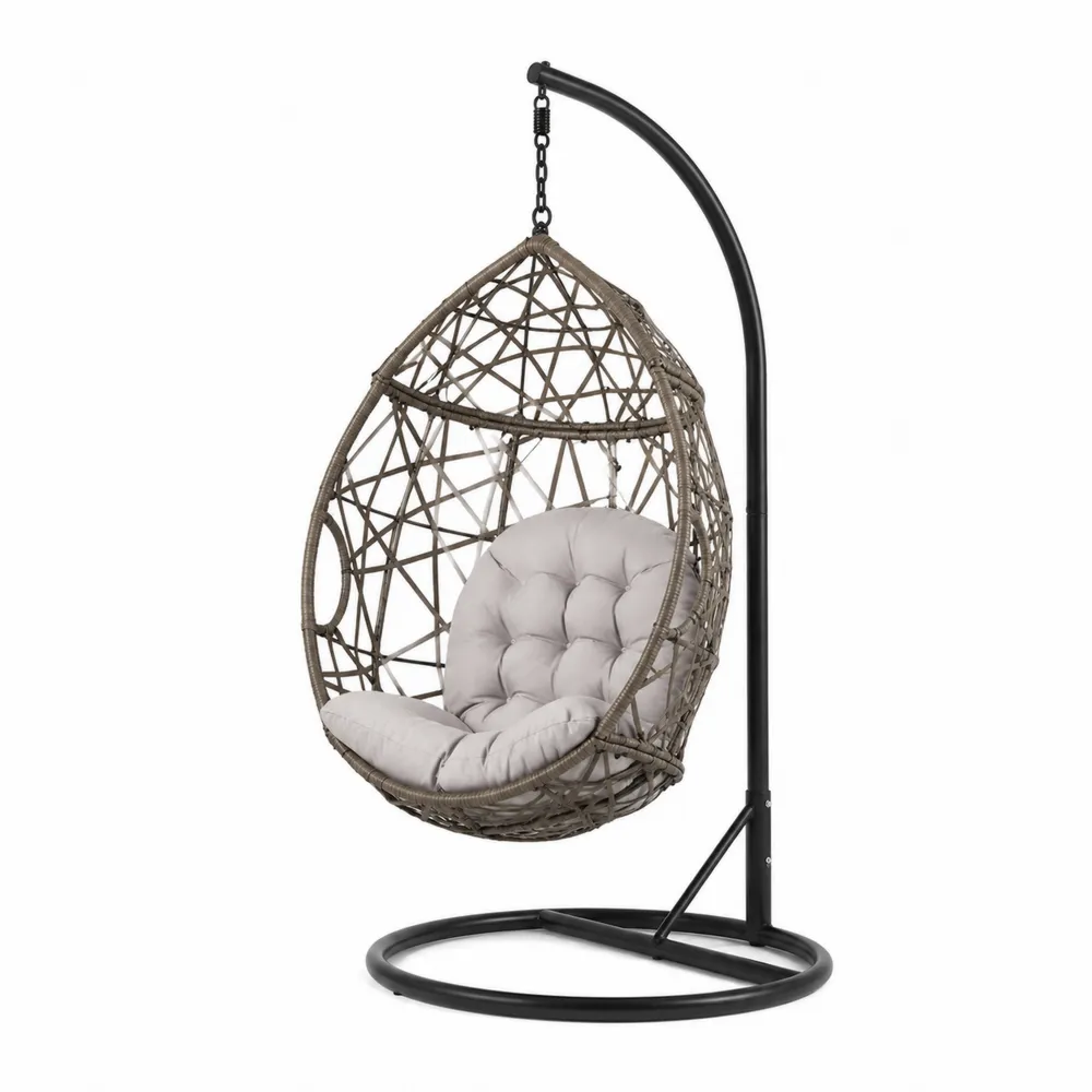 Poltrona Sospesa in Rattan Sintetico con Cuscino Grigio e Struttura in Acciaio