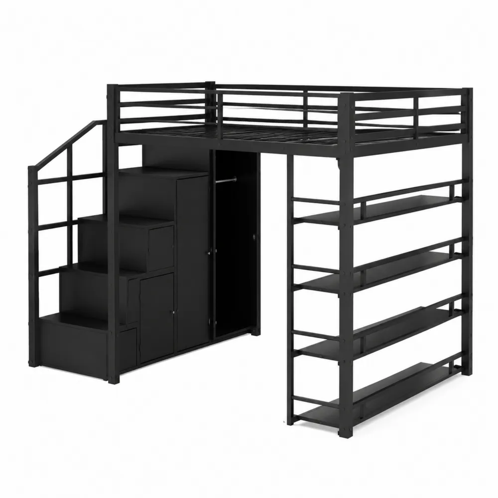 Letto a Castello in Metallo Nero con Scaletta e Libreria Integrata