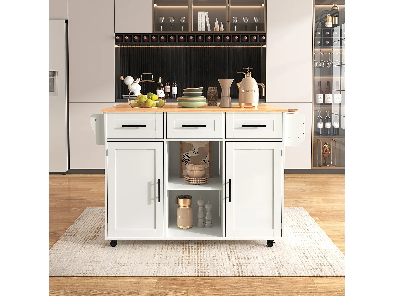 Servierwagen mit Holzplatte, Schubladen und Türen für Esszimmer und Küche-decororise