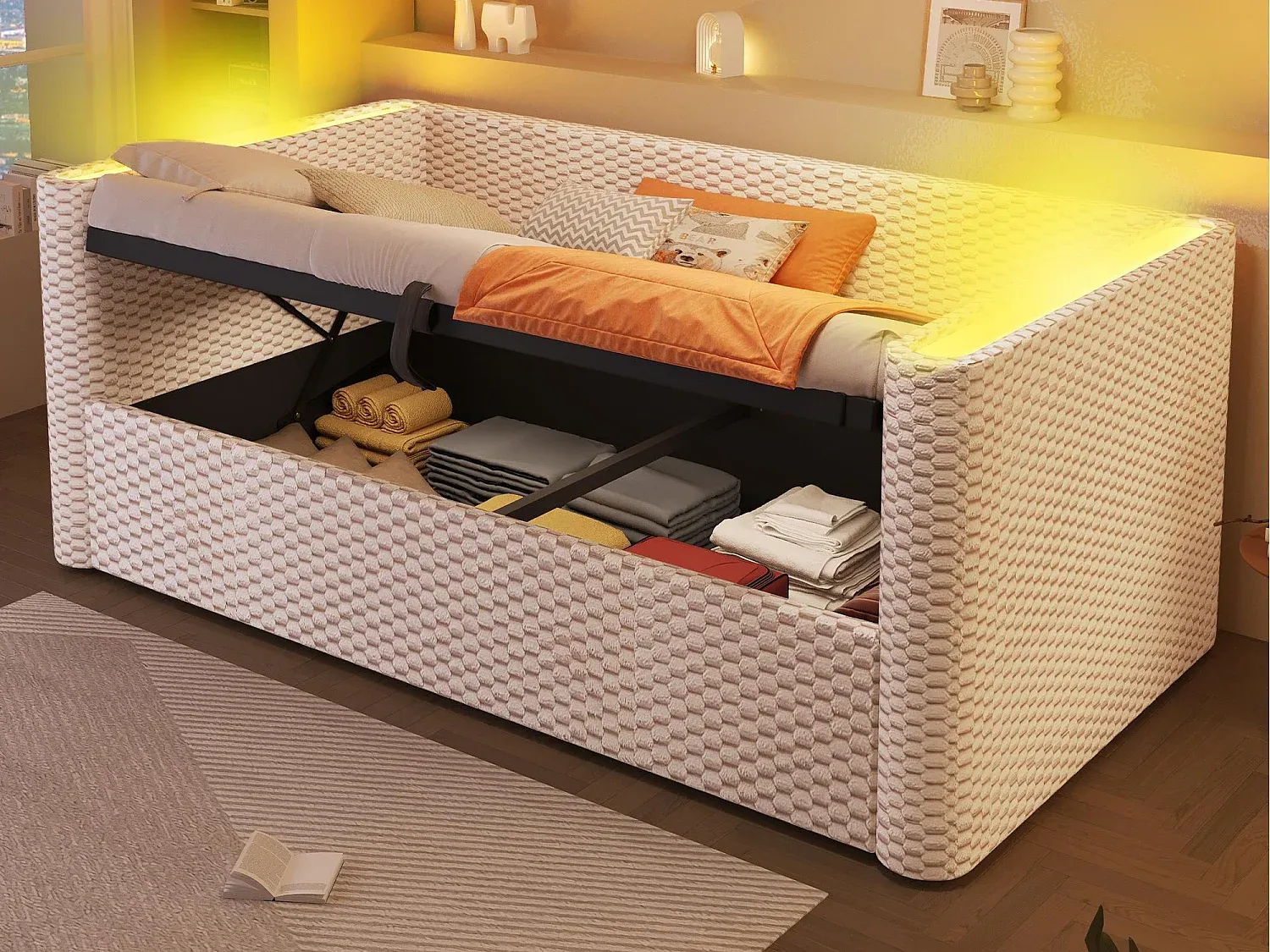Graues Schlafsofa mit Stauraum und LED-Beleuchtung-decororise