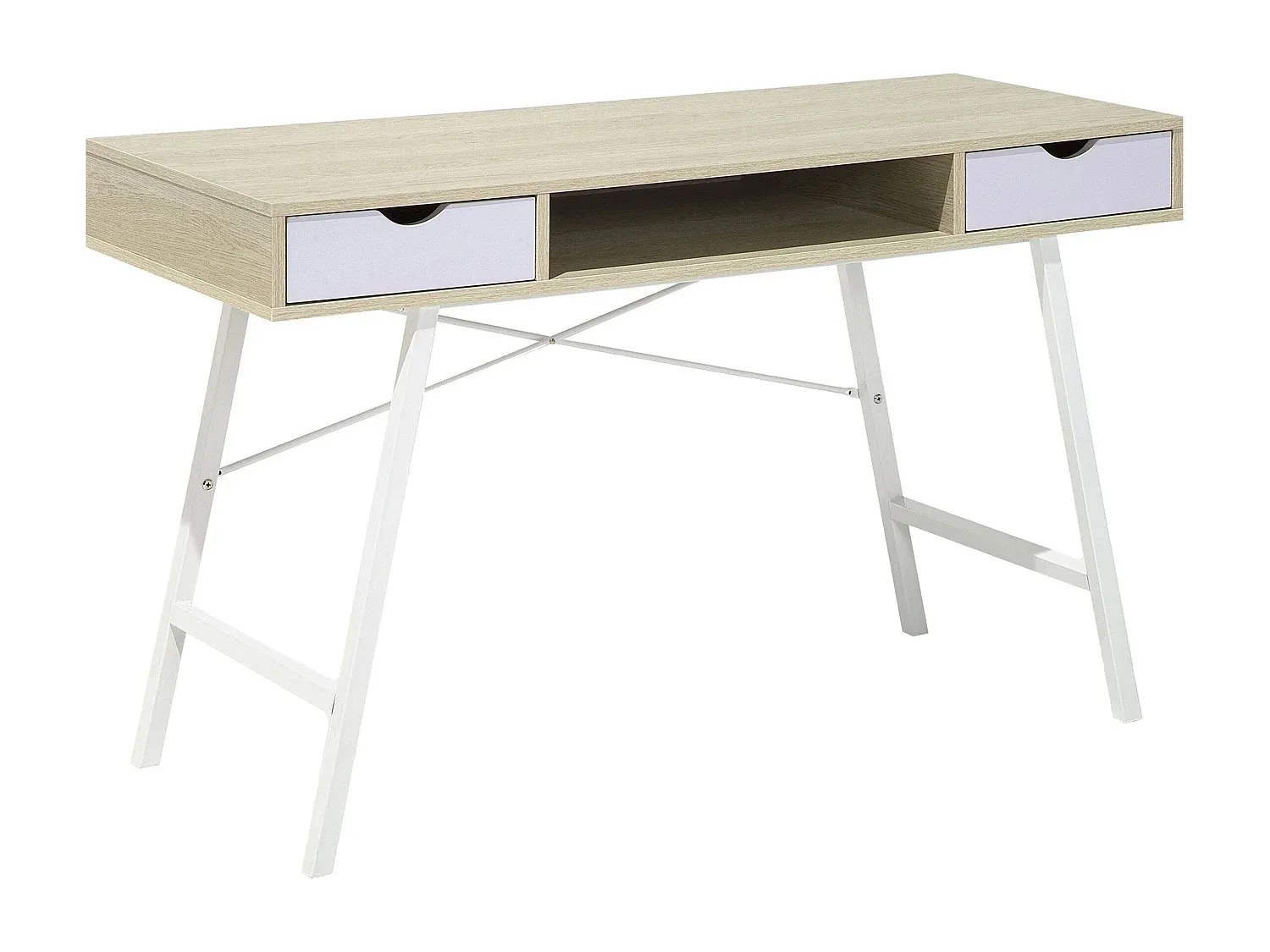 Moderner Schreibtisch aus hellem Holz mit weißer Oberfläche und 2 Schubladen 120 x 48 cm-decororise