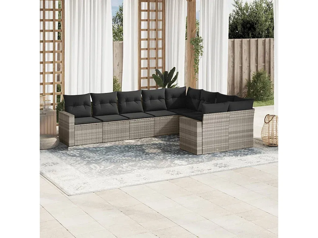 9-teilige Gartenlounge mit Kissen in Hellgrau aus Polyrattan-decororise