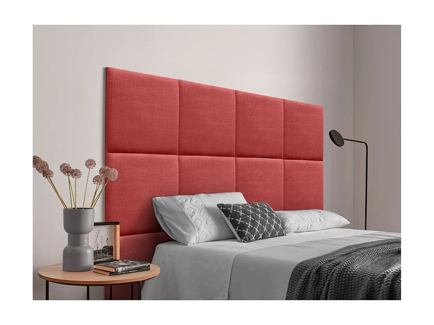 Gepolstertes Kopfteil aus Naturleinen mit austauschbaren Paneelen in Rot, 190 cm-decororise
