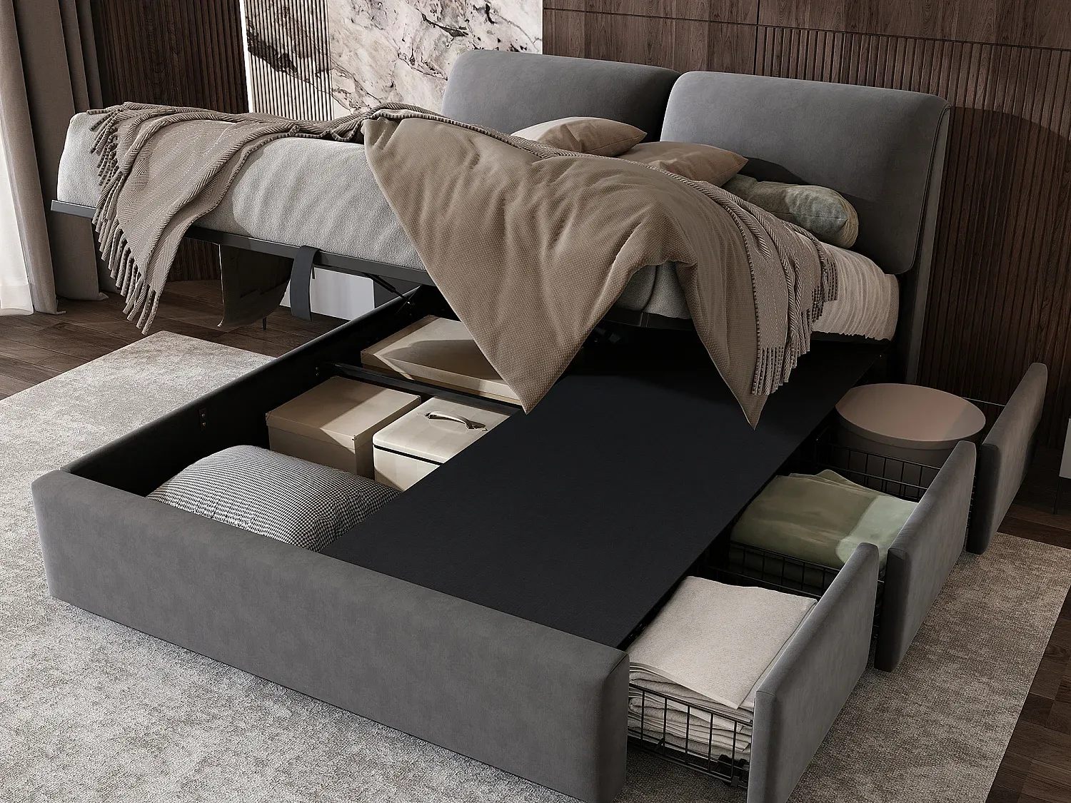 Stauraumbett 140 x 200 cm mit Schubladen und Boxspring, Samtstoff, Grau-decororise