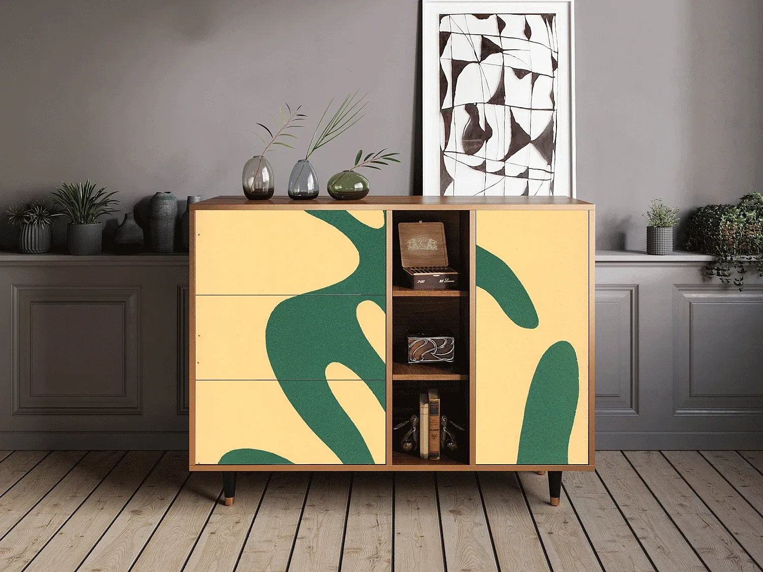 Elegante Anrichte mit Sternbild-Dekor, Walnussholz, 125x98x48 cm-decororise