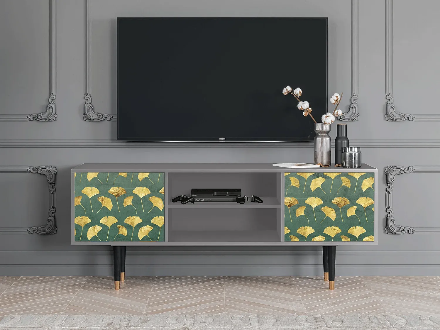 Moderne TV-Möbel mit Gingko-Muster, Grau 170x69x48 cm-decororise