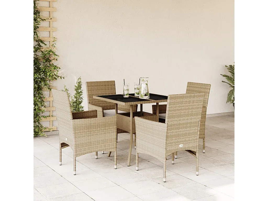Gartenmöbel-Set mit Kissen, Poly Rattan und Glas, Beige-decororise